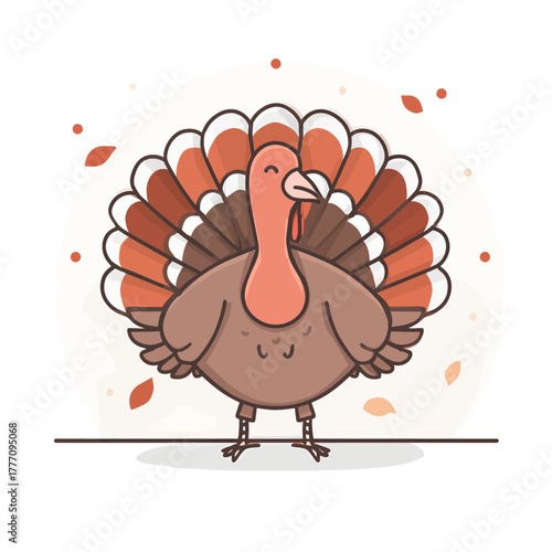 Cartoon Turkey Illustration with Festive Fall Colors and Outline.