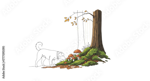 Dog exploring mushrooms and foliage near a tree in nature  