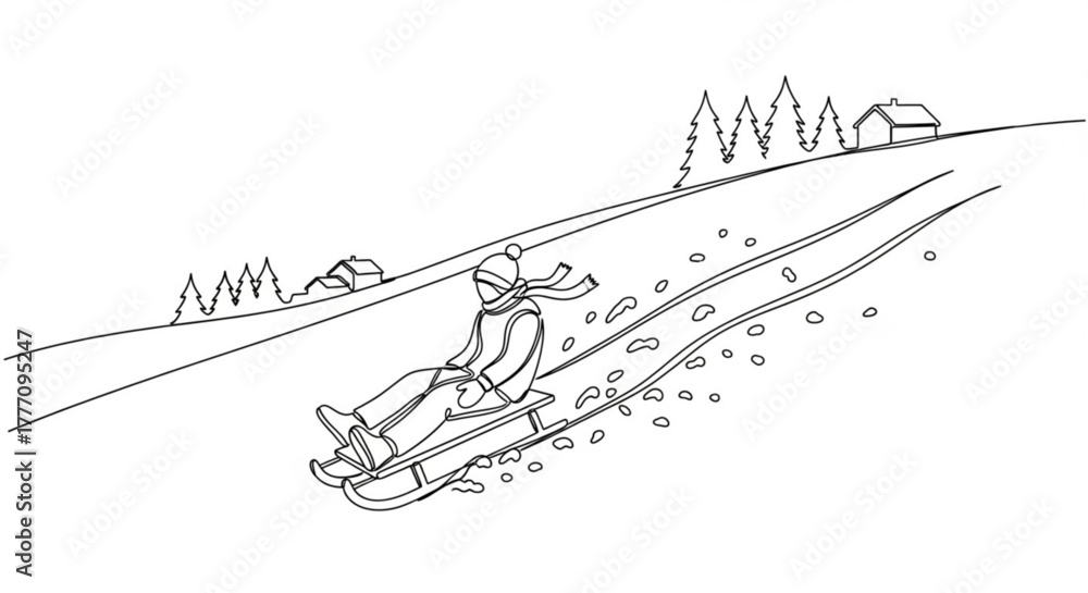 Fototapeta premium Person sledding down a snowy hill with trees in the background