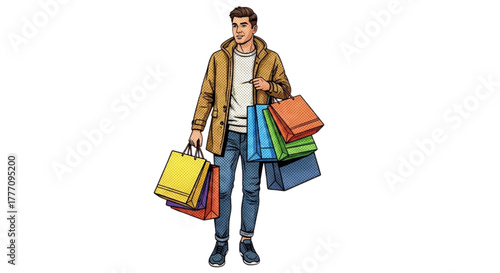 Man carrying multiple colorful shopping bags while smiling  