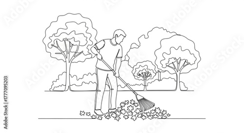 Man raking leaves in park surrounded by trees in autumn  
