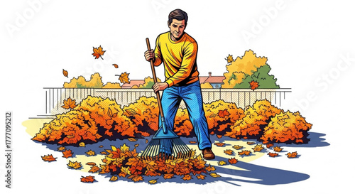 Man raking colorful autumn leaves in backyard garden  