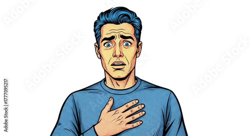 Concerned man touching his chest and looking surprised  
