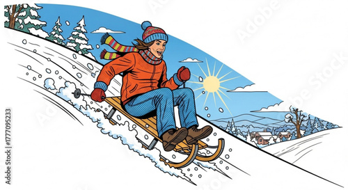 Young woman sledding down snowy hill on sunny winter day  