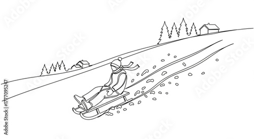 Person sledding down a snowy hill with trees in the background  