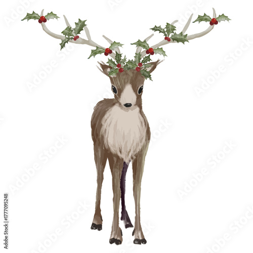 クリスマスオーナメント（ヒイラギ）付けたトナカイの水彩イラスト