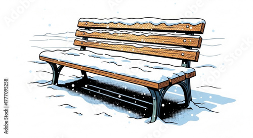 Wooden bench covered in snow in a winter landscape  