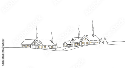 Snowy village houses with smoke rising from chimneys in winter  