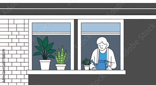 Woman watering plants at window illustration home gardening hobby