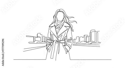 Line drawing of a woman wearing a coat on city street  