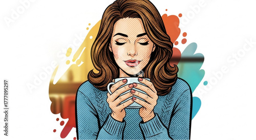 Woman enjoying a cup of coffee with a relaxed expression  
