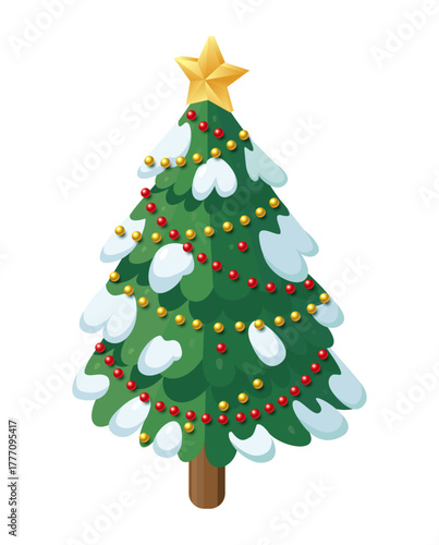 Isometric Christmas tree with snow, red and gold decorations, and yellow star on top. Isolated on white background. Illustration.