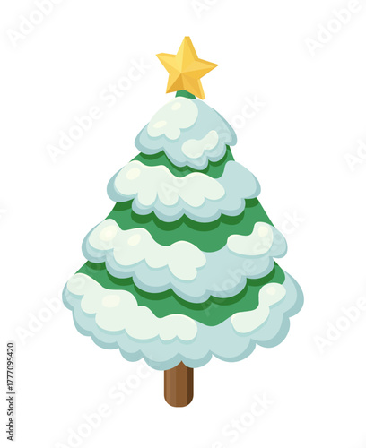 Isometric Christmas tree covered with snow and yellow star on top. Isolated on white background. Illustration.
