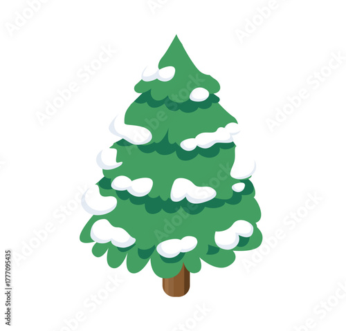 Isometric winter pine tree covered with snow. Isolated on white background. Illustration.