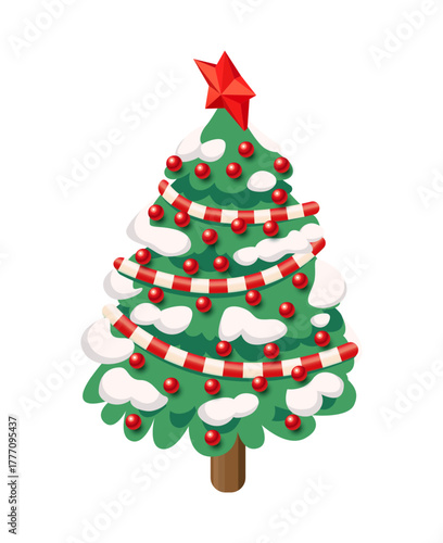 Isometric Christmas tree with red decorations, snow, and red star. Isolated on white background. Illustration.