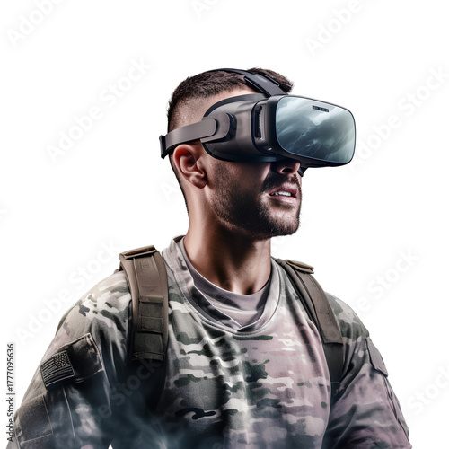 Young man wearing VR headset, transparent background