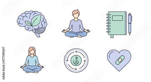 Mental Health App Vector Icons, meditation, journaling, and breathing exercises for wellness apps