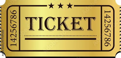One single gold ticket movie or concert isolated transparent background photo PNG file. Golden Ticket. Elegant Admit Pass with Stars, Vertical Number