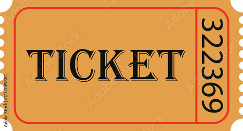 One single orange ticket movie or concert isolated transparent background photo PNG file. Tan Ticket Design. Bold Admit Pass with Vertical Number, Red Border and Perforated Edge