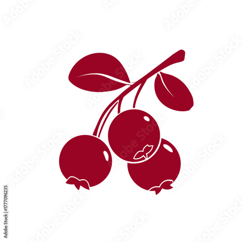 Stylized Cranberry Branch with Berries and Leaves in Deep Red.