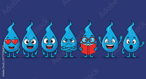 Water drop characters with expressions vector illustration set