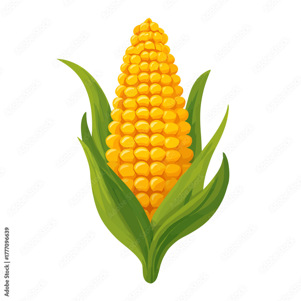 Obraz premium Vibrant Corn Cob with Green Leaves Illustration.