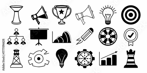 Illustration of business and strategy icons including a trophy, target, and organizational chart design