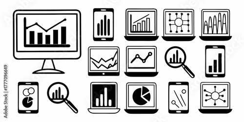 Illustration of various devices displaying data charts and graphs in black and white style