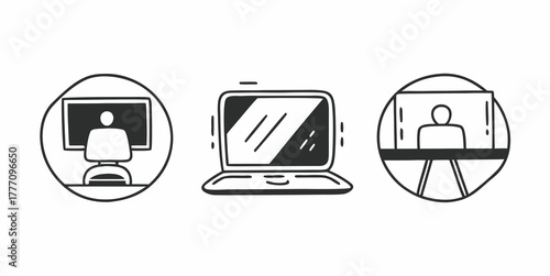 Illustration showing three different video conferencing setups and a laptop computer device