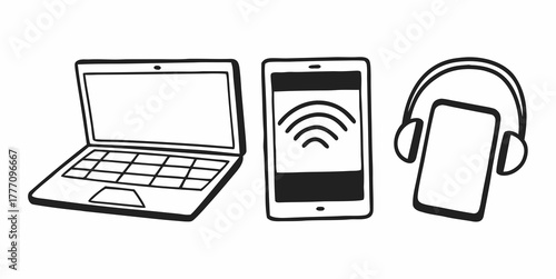 A sketch of a laptop, a smartphone displaying wifi waves, and headphones with a phone beside it