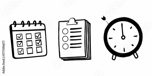 Illustration of a calendar with checkmarks, clipboard with tasks, and an alarm clock with an arrow