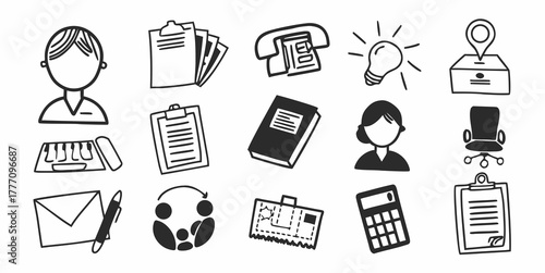 Illustration of office supplies and personnel including clipboards calculator and desk accessories doodle style