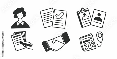 Illustration of business woman documents handshake calculator and paperwork in black and white style