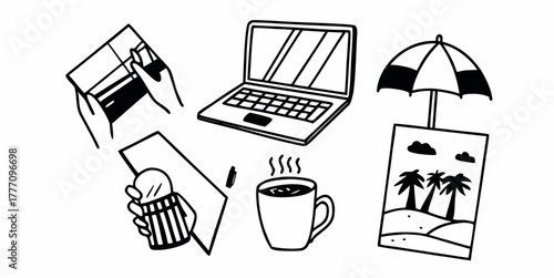 Doodle style illustration featuring laptop, coffee, credit card, and tropical beach scene drawing