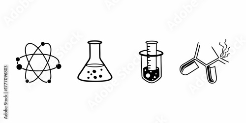 Illustration of science elements including atom, flask, test tube and molecule in black outline style
