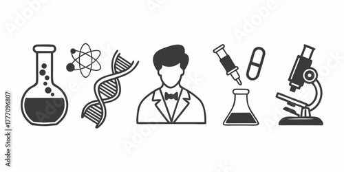 Illustration of scientific equipment including flasks dna atom scientist and microscope icon set
