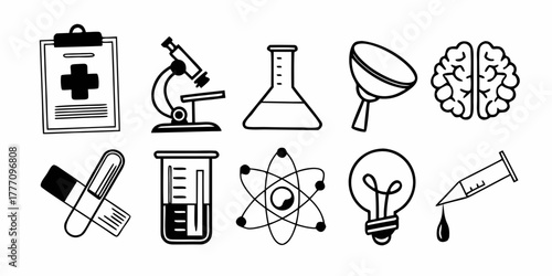 Collection of medical and scientific icons including microscope and brain illustration style drawing