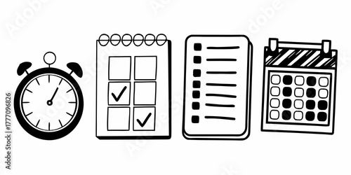 Clock, notepad with checkmarks, list and calendar illustration for time management and planning tasks