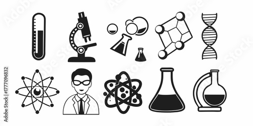Illustration of scientific instruments and symbols including a microscope dna and a thermometer for study