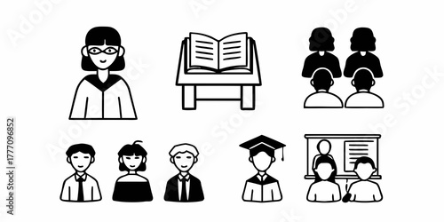 Illustration of a teacher, students, open book, and graduation, all in a classroom setting view