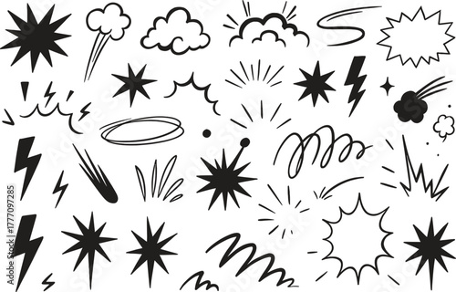 Comic explosion boom set featuring black and white pop art elements, speech bubbles, lightning, clouds, energy blasts, and action effects. Perfect for cartoon design