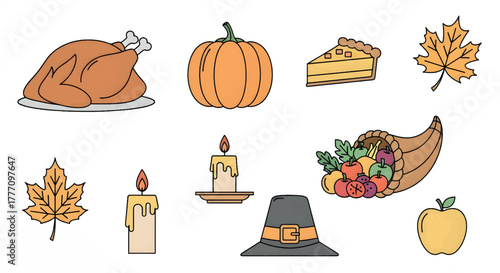 Thanksgiving Day Cartoon Illustration with Turkey, Pumpkin, Pie, and Cornucopia