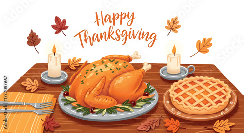 Festive Thanksgiving Feast: Roasted Turkey, Pumpkin Pie, and Autumn Decor Illustration
