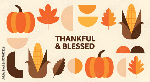 Thankful and Blessed Thanksgiving Design with Pumpkins, Corn, and Fall Leaves