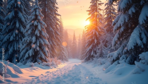 Snow-covered pine forest with golden sunrise and falling snowflakes