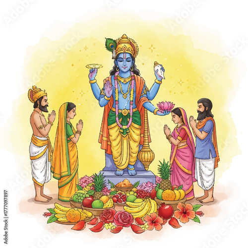 A vibrant artistic depiction of Vishnu, surrounded by devotees offering prayers and offerings.