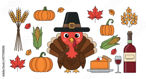 Thanksgiving Cartoon Illustration with Turkey, Pumpkin Pie, Corn, and Wine Bottle