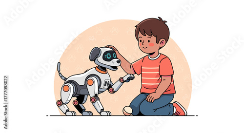 A young boy interacts with a robotic dog, showcasing the future of companionship and technological advancements in a playful illustration.
