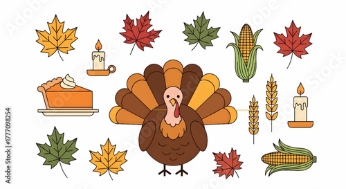 Thanksgiving Day Cartoon Illustration with Turkey, Pie, Corn, Candle and Leaves