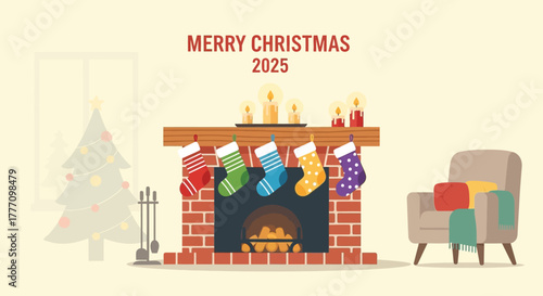 Festive Christmas time vector illustration featuring a cozy fireplace setting